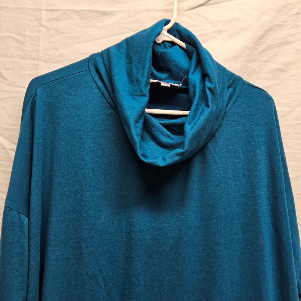 Panhandle‎ Cowl Neck Tunic Women XL Teal Blue Long Sleeve Side Slit Soft Jersey
